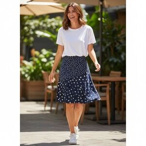 BODEN Blue Polka Dot Midi Skirt High Waist A‎ Line Ruffle 8P Preppy Coastal Work